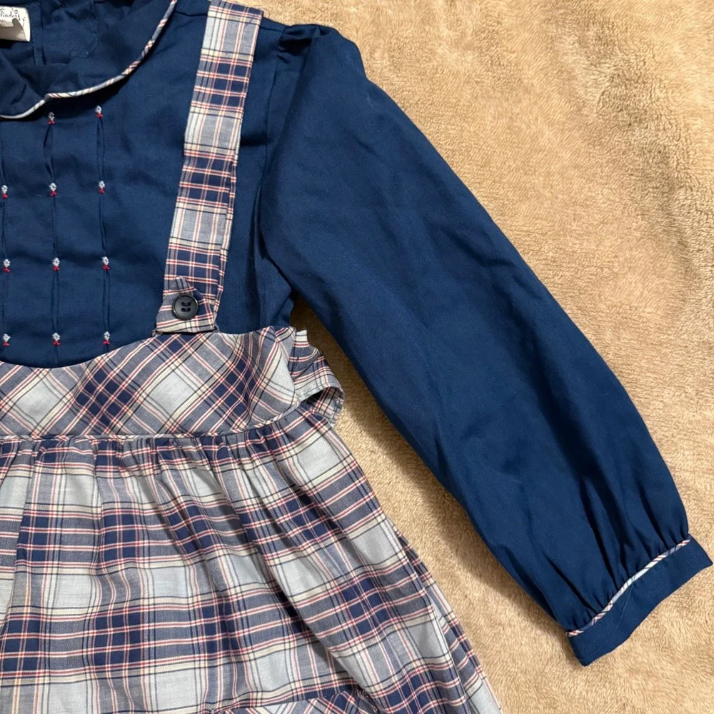 Polly Flinders Vintage Navy Plaid Hand Smocked Dress Girls 6X